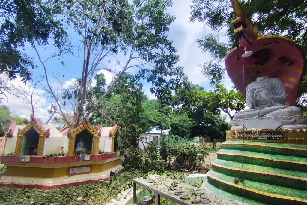Debris litters a Buddhist monastery after an airstrike hit Swel Le Oh village in Myaung Township, Sagaing Region, Myanmar, on Friday, Aug. 21, 2026. (Ko Nway Oo via AP)
