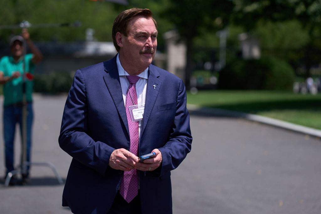 FILE - MyPillow CEO Mike Lindell stands outside the White House, July 2, 2025, in Washington. (AP Photo/Evan Vucci, File)