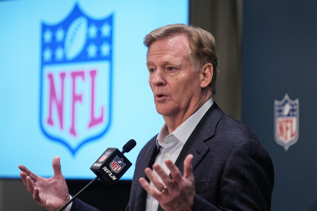 NFL commissioner Roger Goodell speaks during a news conference at the NFL owners meetings, Wednesday, Oct. 22, 2025, in New York. (AP Photo/Richard Drew)
