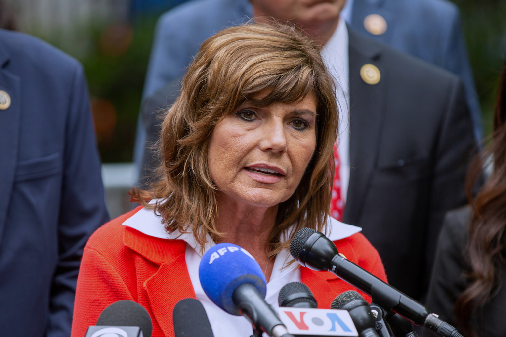 FILE - Rep. Diana Harshbarger, R-Tenn, speaks outside the hush money criminal case of former president Donald Trump in New York, May 16, 2024. (AP Photo/Ted Shaffrey, File)