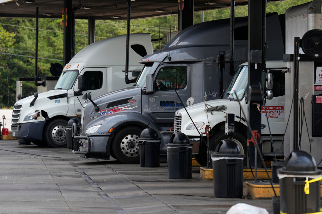 Trucks are seen at a diesel fueling station Friday, Sept. 4, 2026, in Fairview, Tenn. (AP Photo/George Walker IV)