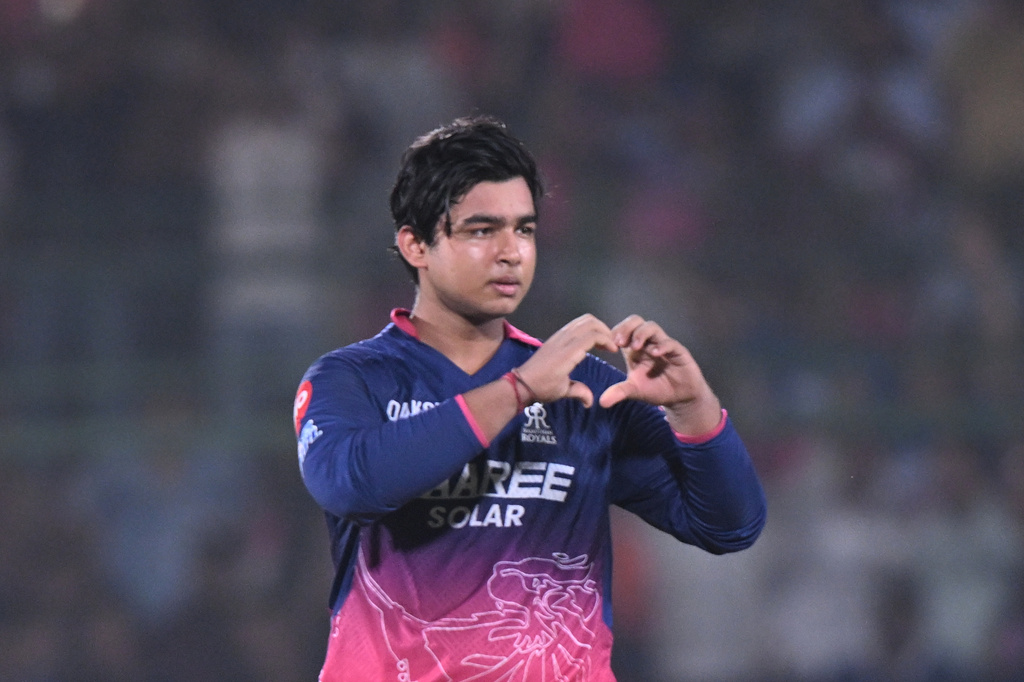 Rajasthan Royals' Vaibhav Sooryavanshi celebrates his century during the Indian Premier League cricket match between Rajasthan Royals and Sunrisers Hyderabad in Jaipur, India, Saturday, April 25, 2026. (AP Photo)