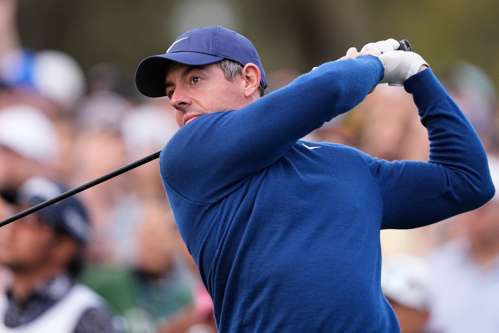 Rory McIlroy of Northern Ireland hits off the 10th tee during the second round of The Players Championship golf tournament Friday, March 13, 2026, in Ponte Vedra Beach, Fla. (AP Photo/Gerald Herbert)