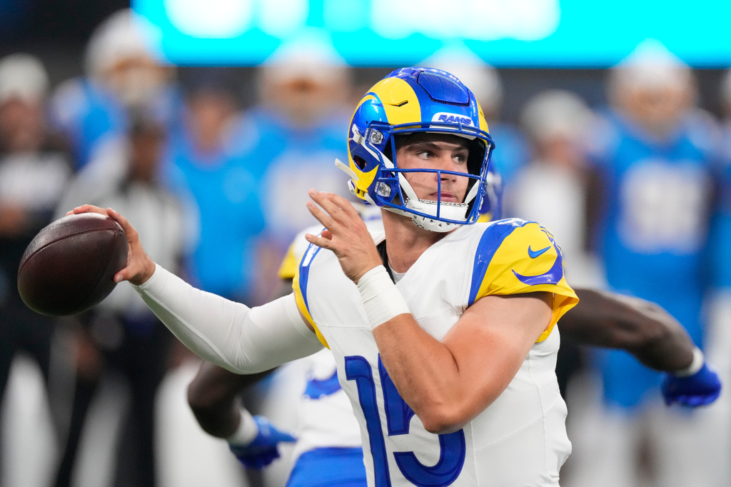 Los Angeles Rams quarterback Ty Simpson throws a pass during the first half of an NFL preseason football game against the Los Angeles Chargers Thursday, Aug. 27, 2026, in Inglewood, Calif. (AP Photo/Mark J. Terrill)