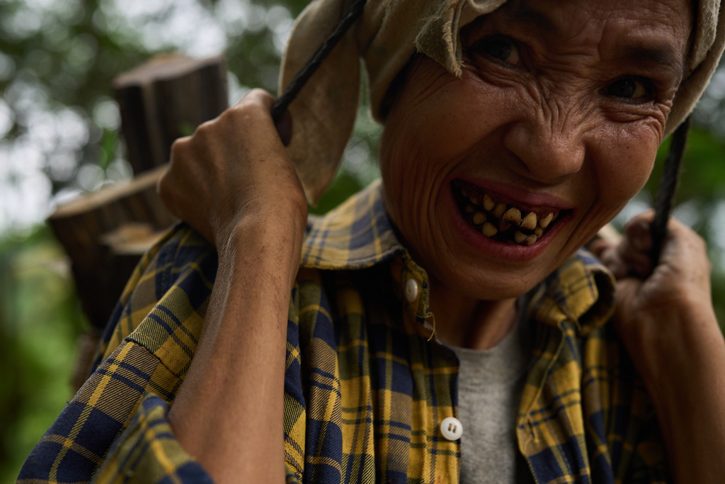 A woman carries logs she foraged in a forest near the Mae La refugee camp in the Tak province of Thailand, Thursday, Aug. 28, 2025. (AP Photo/Bram Janssen)