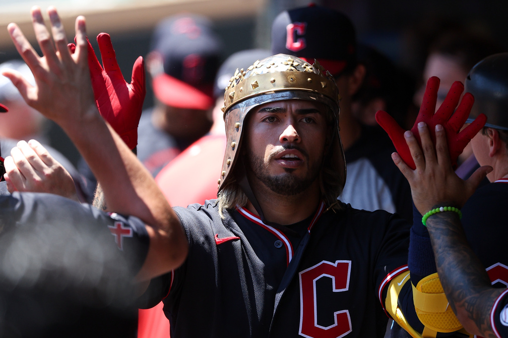 Cleveland Guardians' Gabriel Arias celebrates his solo home run with teammates during the second inning of a baseball game against the Minnesota Twins, Thursday, July 9, 2026, in Minneapolis. (AP Photo/Matt Krohn)