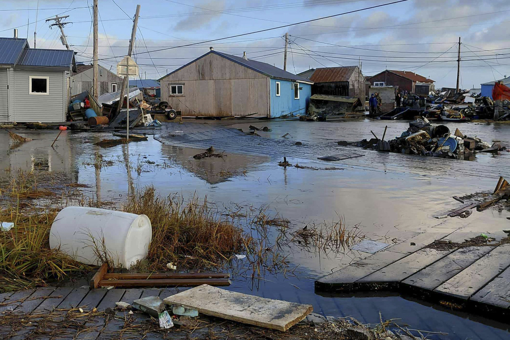 Damage is seen hours after flooding from the remnant storms of Typhoon Halong devastated Kipnuk, Alaska, on Sunday, Oct. 12, 2025. (Jacqui Lang via AP)