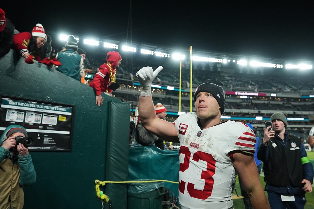 San Francisco 49ers running back Christian McCaffrey leaves the field after an NFL wild-card playoff football game against the Philadelphia Eagles on Sunday, Jan. 11, 2026, in Philadelphia. (AP Photo/Matt Rourke)