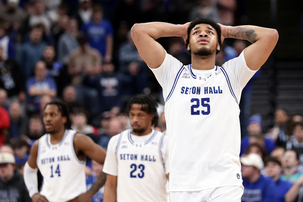 Seton Hall center Najai Hines (25) reacts during the second half of an NCAA college basketball game against St. John's, Friday, March 6, 2026, in Newark, N.J. (AP Photo/Adam Hunger)