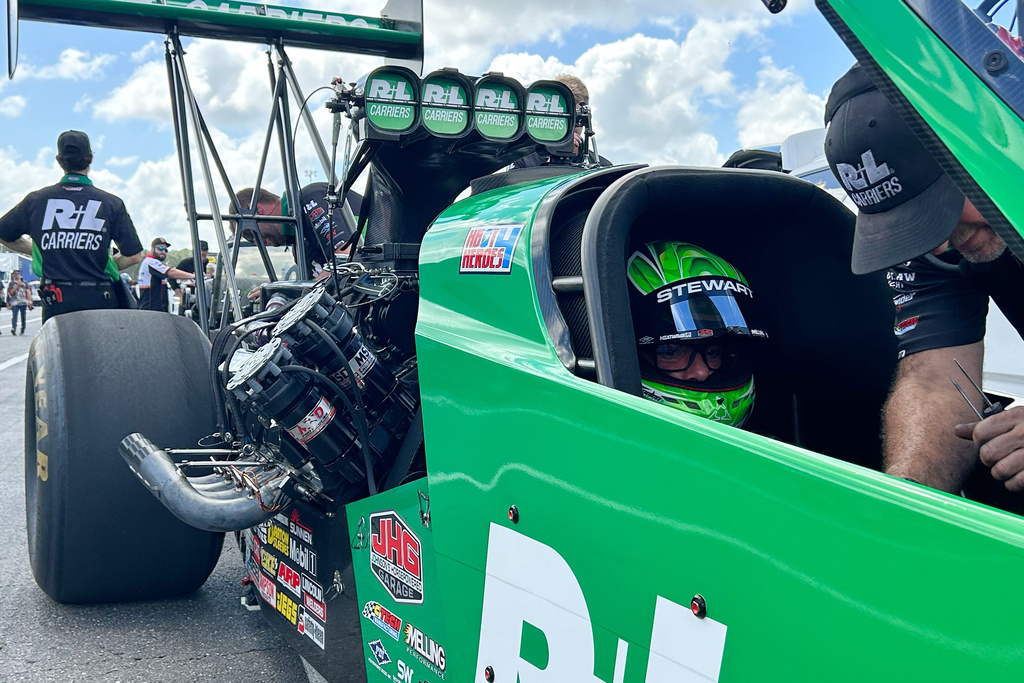 NHRA driver Tony Stewart awaits a qualifying run at the Gatornationals, Saturday, March 7, 2026, in Gainesville, Fla. (AP Photo/Mark Long)