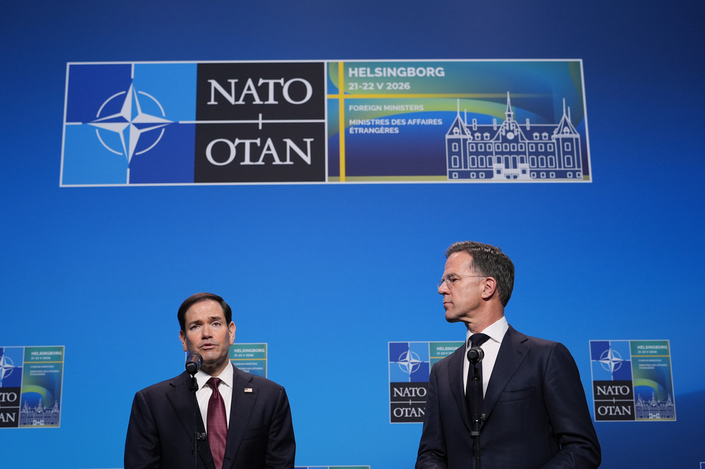 United States Secretary of State Marco Rubio, left, and NATO Secretary General Mark Rutte look at each other as they deliver a statement during a meeting of NATO foreign ministers in Helsingborg, Sweden, Friday, May 22, 2026. (AP Photo/Julia Demaree Nikhinson, Pool)