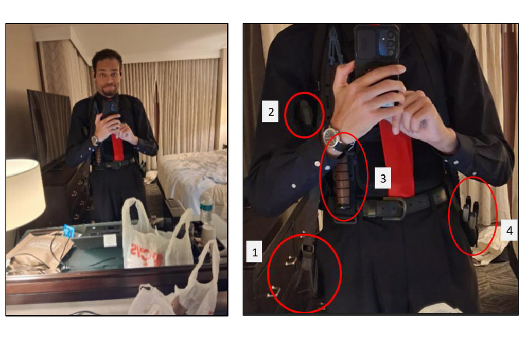 This image contained in a court filing by the Department of Justice, April 29, 2026, shows Cole Tomas Allen, left, inside his hotel room, on Saturday, April 25, 2026 in Washington, using his cellphone to take a photograph of himself in the mirror. An enhanced version of the image is right. (Department of Justice via AP)
