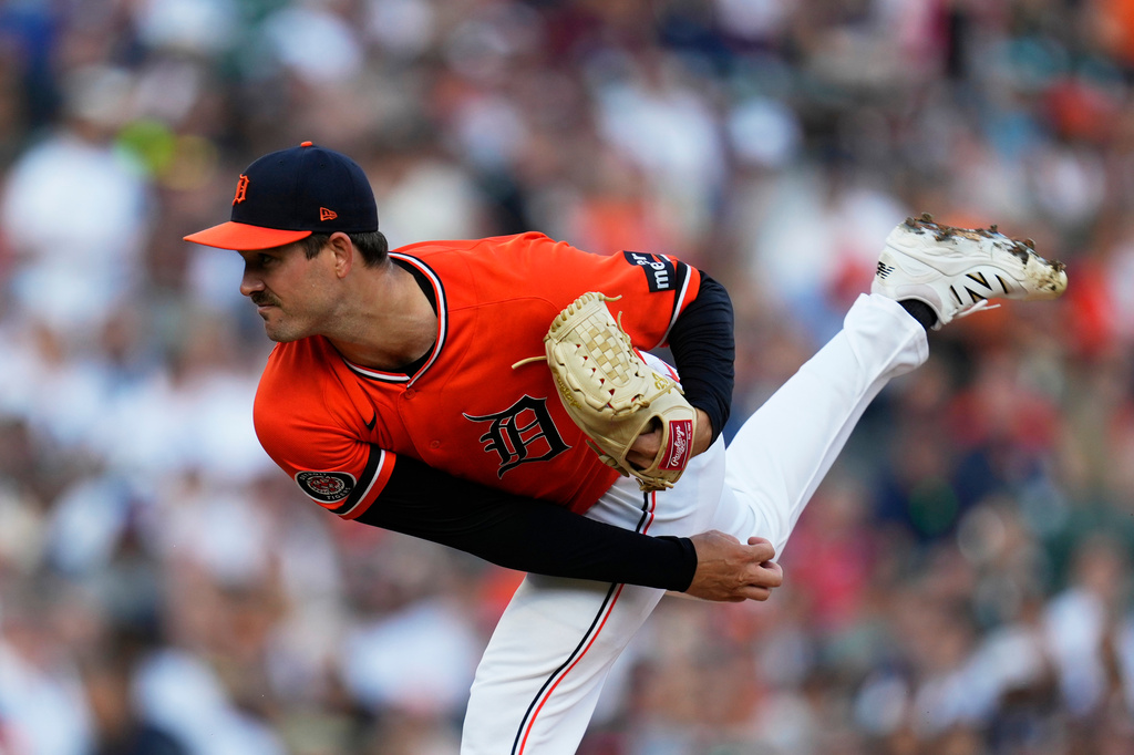 Detroit Tigers pitcher Drew Anderson throws against the Los Angeles Dodgers during the first inning of a baseball game Friday, Aug. 28, 2026, in Detroit. (AP Photo/Paul Sancya)