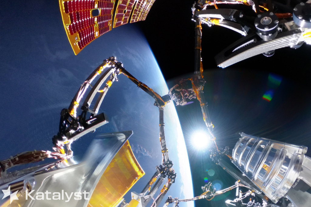 This undated image released by Katalyst Space Technologies on Friday, Sept. 25, 2026 shows Link, a three-armed robotic spacecraft, while in orbit around Earth. (Katalyst Space Technologies via AP)