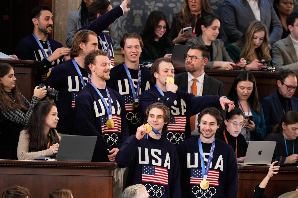 Members of the United States' Olympic hockey team attend President Donald Trump's State of the Union address to a joint session of Congress in the House chamber at the U.S. Capitol in Washington, Tuesday, Feb. 24, 2026. (AP Photo/Alex Brandon)