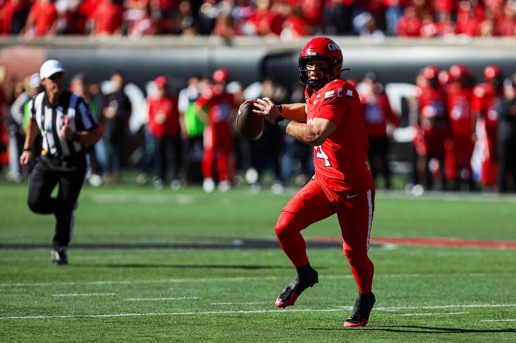 Cincinnati quarterback JC French IV throws a pass during the first half of an NCAA college football game against Texas Tech, Saturday, Oct. 24 2026, in Cincinnati. (AP Photo/Lydia Schembre)