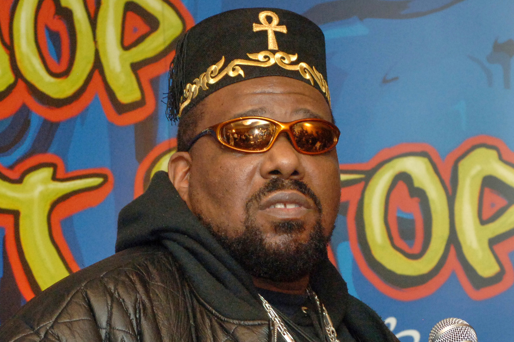 FILE - Hip hop DJ pioneer Afrika Bambaataa speaks at a news conference in New York on Feb. 28, 2006. (AP Photo/Henny Ray Abrams, File)