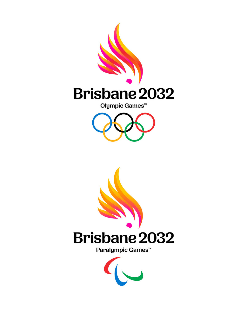 This image provided by the Brisbane 2032 Olympic and Paralympic Games Organising Committee shows the emblems for the Olympic and Paralympic 2032 games. (Brisbane 2032 Olympic and Paralympic Games Organising Committee via AP)
