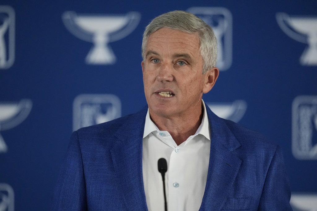 PGA Tour Commissioner Jay Monahan speaks before a practice round of the Tour Championship golf tournament, Wednesday, Aug. 20, 2025, in Atlanta. (AP Photo/Mike Stewart)