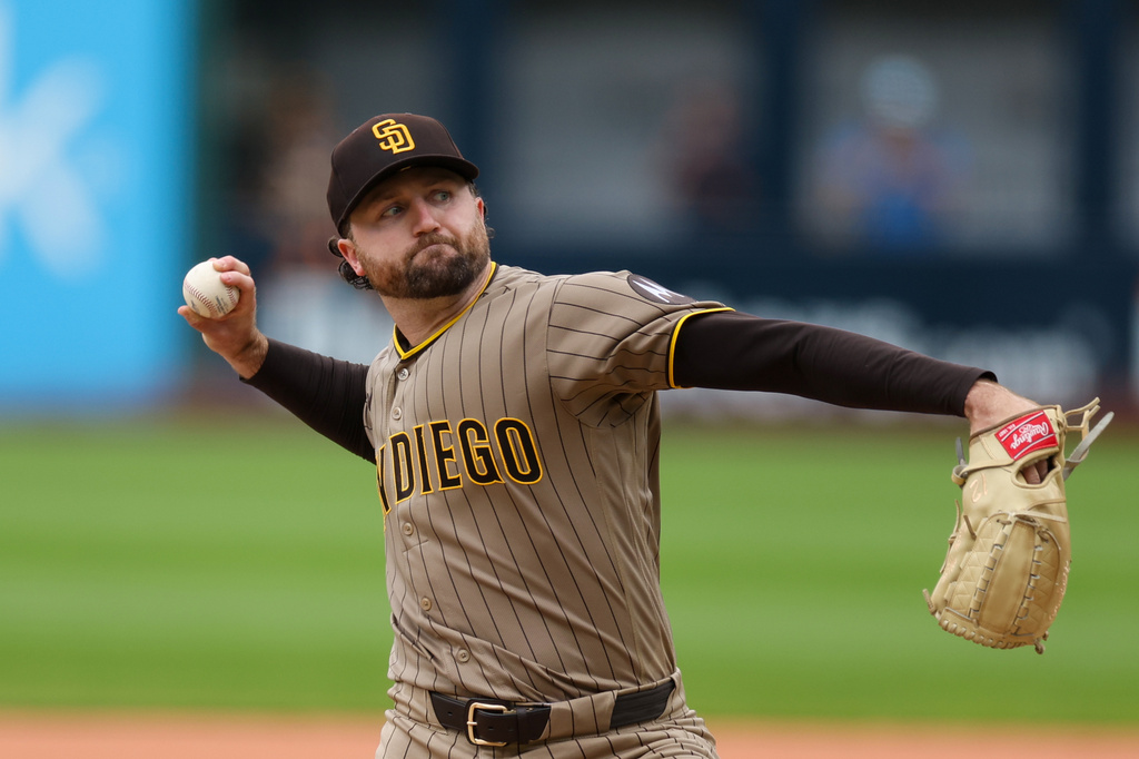 San Diego Padres' Casey Mize pitches in the first inning of a baseball game against the Cleveland Guardians in Cleveland, Sunday, Aug. 16, 2026. (AP Photo/Tim Phillis)