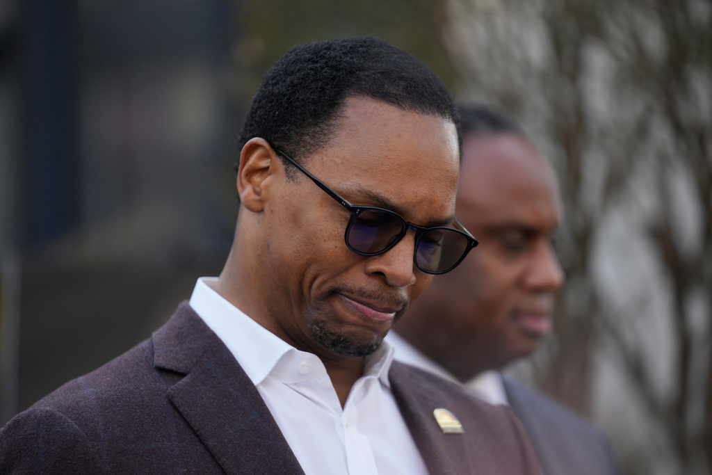 Yusef Jackson speaks during a news conference regarding the death of his father, the Rev. Jesse Jackson, outside the family home Wednesday, Feb. 18, 2026, in Chicago. (AP Photo/Erin Hooley)
