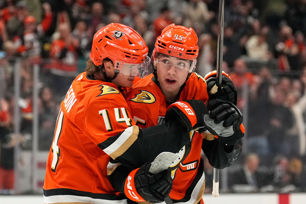 Anaheim Ducks right wing Beckett Sennecke, right, celebrates his goal with defenseman Drew Helleson during the first period of an NHL hockey game against the Winnipeg Jets, Sunday, Nov. 9, 2025, in Anaheim, Calif. (AP Photo/Mark J. Terrill)