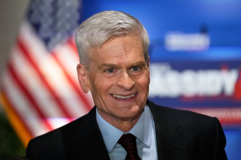 Sen. Bill Cassidy, R-La., speaks to supporters during an election night watch party Saturday, May 16, 2026, in Baton Rouge, La. (AP Photo/Gerald Herbert)