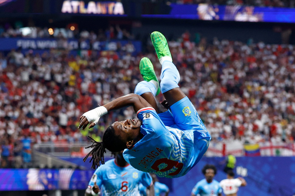 Congo's Brian Cipenga (9) celebrates after scoring their first goal during the World Cup round of 32 soccer match between England and Congo in Atlanta, Wednesday, July 1, 2026. (AP Photo/Butch Dill)
