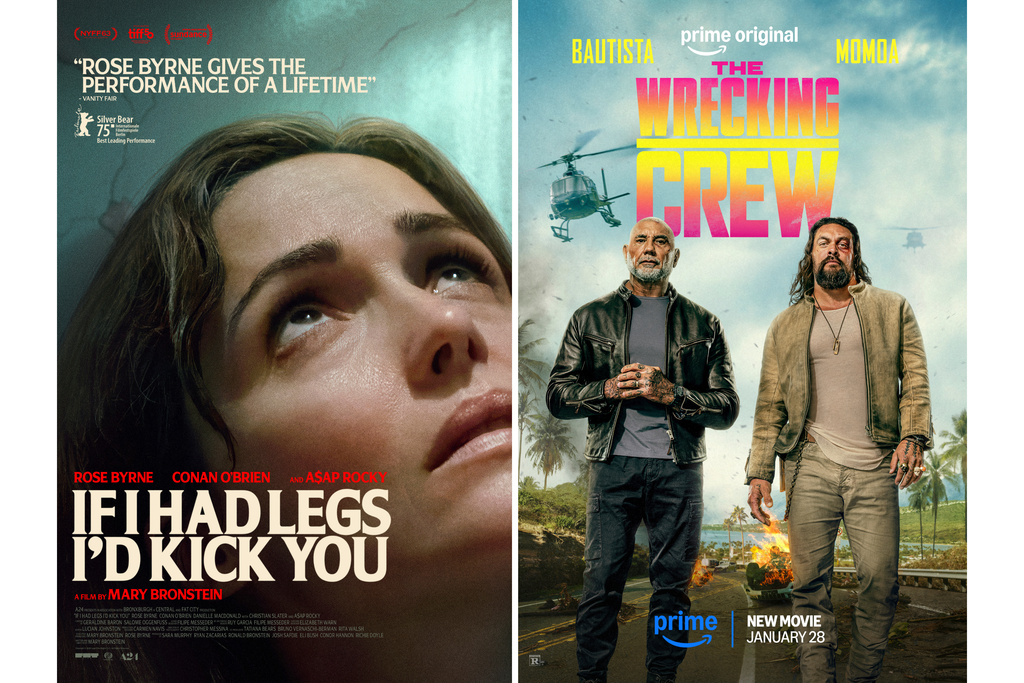 This combination of images show promotional art for the films "If I Had Legs I'd Kick You," left, and "The Wrecking Crew." (A24/Prime via AP)