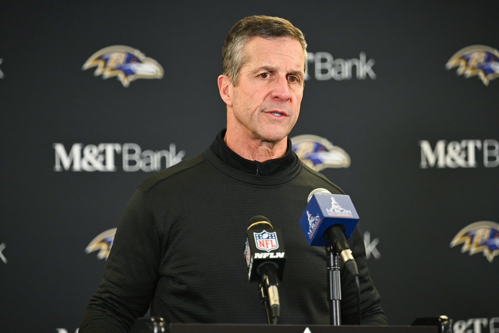 Baltimore Ravens head coach John Harbaugh speaks during a news conference after an NFL football game against the Pittsburgh Steelers, Sunday, Jan. 4, 2026, in Pittsburgh. (AP Photo/Justin Berl)