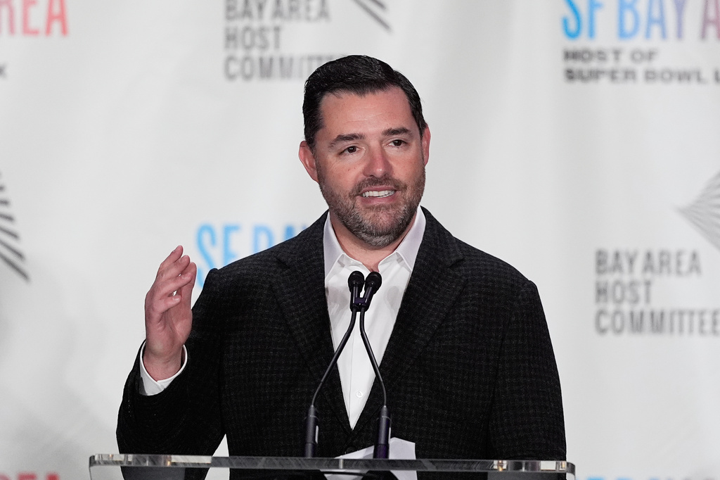 FILE - San Francisco 49ers team owner Jed York speaks at a news conference in San Francisco, Monday, Feb. 2, 2026. (AP Photo/Jeff Chiu, File)