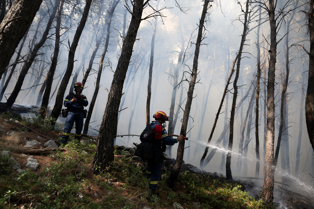 Firefirghters operate during a wildfire near Porto Germeno, north-west of Athens, Greece, Saturday, Aug. 1, 2026. (AP Photo/Michael Varaklas)