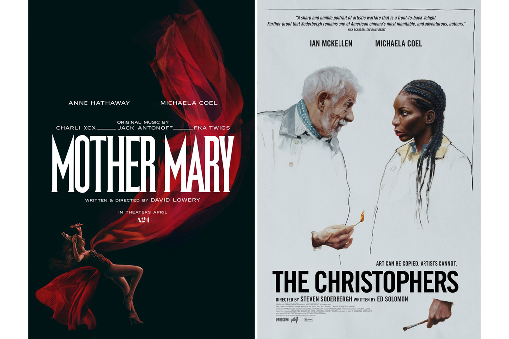 This combination of images show promotional art for the films "Mother Mary," left, and "The Christophers." (A24 via AP, left, and Neon via AP)