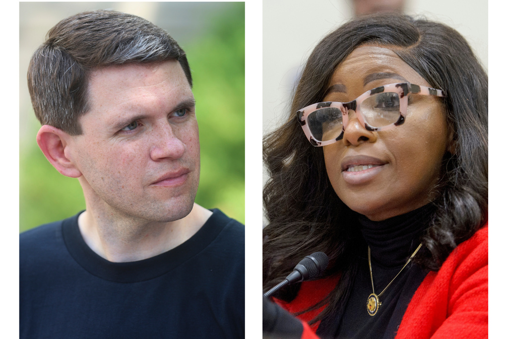 This combination of photos shows Texas state Rep. James Talarico, D-Austin, at a rally on Aug. 16, 2025, in Chicago, left, and Rep. Jasmine Crockett, D-Texas, on Capitol Hill, Feb. 12, 2025, in Washington, right. (AP Photo/Talia Sprague, left, Rod Lamkey, Jr.)