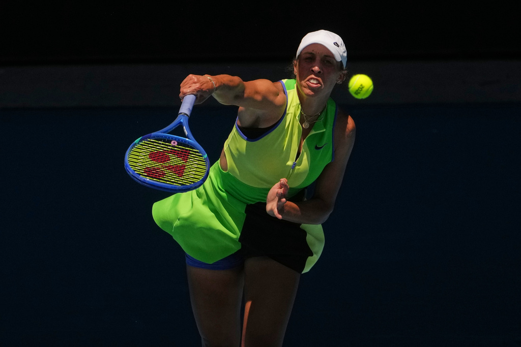 Madison Keys of the U.S. serves to Oleksandra Oliynykova of Ukraine during their first round match at the Australian Open tennis championship in Melbourne, Australia, Tuesday, Jan. 20, 2026. (AP Photo/Asanka Brendon Ratnayake)