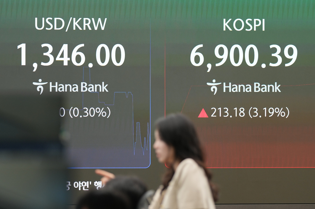 A dealer stands near the screens showing the Korea Composite Stock Price Index (KOSPI) and the foreign exchange rate between U.S. dollar and South Korean won at a dealing room of Hana Bank in Seoul, South Korea, Monday, Sept. 7, 2026. (AP Photo/Lee Jin-man)