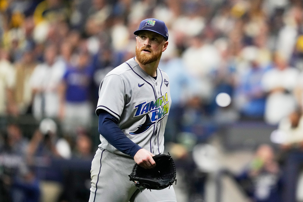 Tampa Bay Rays pitcher Drew Rasmussen leaves he game during the fourth inning of Game 2 of baseball's World Series, Saturday, Oct. 24, 2026, in Milwaukee, between the Milwaukee Brewers and the Tampa Bay Rays. (AP Photo/Kayla Wolf)