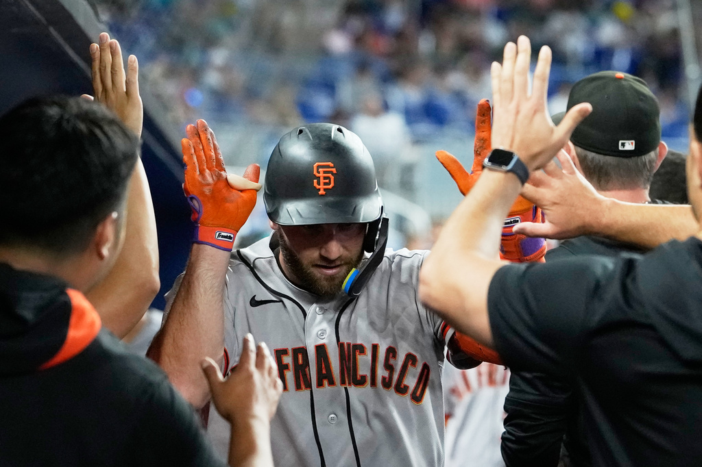 San Francisco Giants' Casey Schmitt is congratulated in the dugout after scoring on solo home run during the fourth inning of a baseball game against the Miami Marlins, Saturday, June 20, 2026, in Miami. (AP Photo/Lynne Sladky)