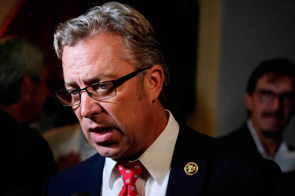 FILE - Rep. Andy Ogles, R-Tenn., speaks to supporters after being declared the winner in his Republican primary race, Aug. 1, 2024, in Franklin, Tenn. (AP Photo/Mark Humphrey, File)