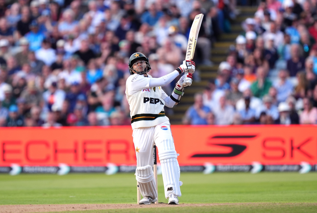 Pakistan's Mohammad Abbas batting on day three of the third cricket Test between England and Pakistan in Birmingham, England, Friday, Sept. 11, 2026. (Mike Egerton/PA via AP)
