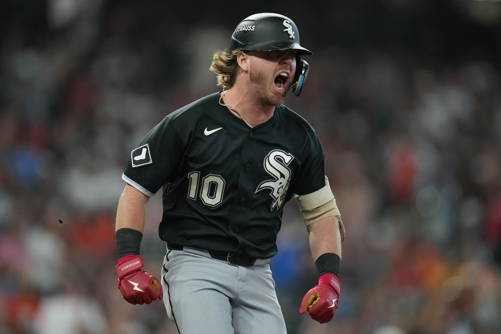 Chicago White Sox's Chase Meidroth (10) celebrates while running the bases after hitting a 3-run home run during the sixth inning in Game 2 of baseball's American League Wild Card Series against the Houston Astros, Wednesday, Sept. 30, 2026, in Houston. (AP Photo/Karen Warren)