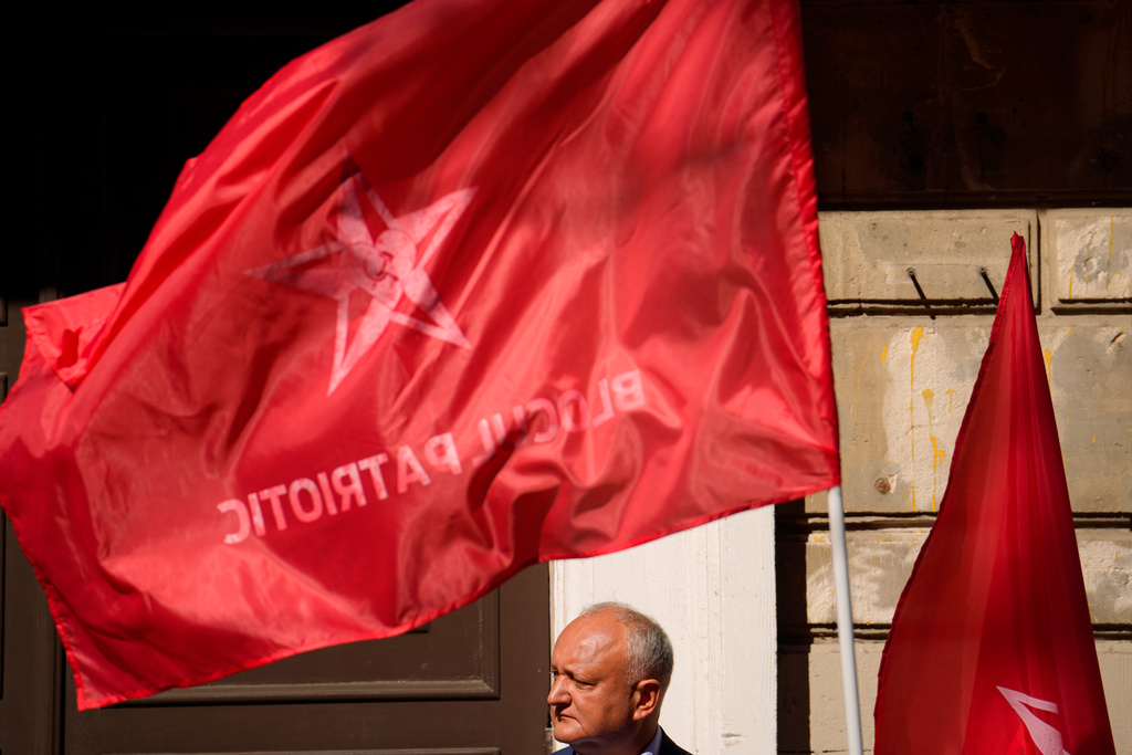 Former Moldova President Igor Dodon looks on while speaking at a rally of the Russia-friendly Patriotic Electoral Bloc in Chisinau, Moldova, Friday, Sept. 26, 2025, ahead of parliamentary elections taking place on Sept. 28. (AP Photo/Vadim Ghirda)