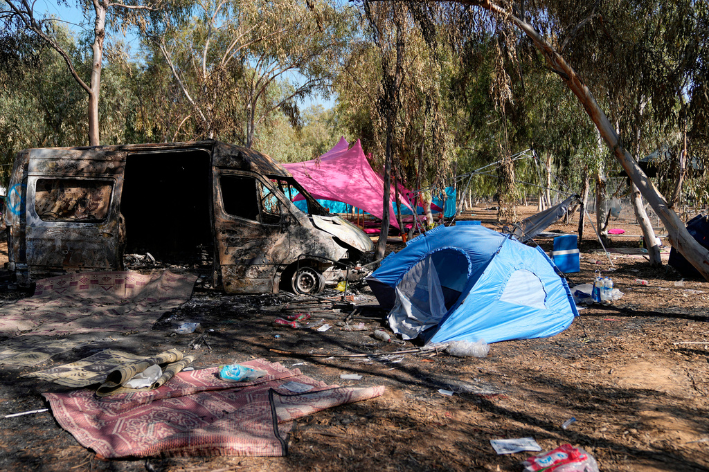 FILE - The site of the Nova music festival, where Israeli festival-goers were killed and taken hostage during the attack by Hamas militants, is seen Oct. 12, 2023, near the border with the Gaza Strip in southern Israel. (AP Photo/Ohad Zwigenberg, File)