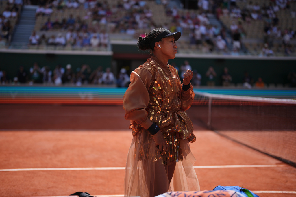 Naomi Osaka of Japan prepares for the third round women's singles tennis match against Iva Jovic of the U.S. at the French Open tennis tournament in Paris, Saturday, May 30, 2026. (AP Photo/Thibault Camus)