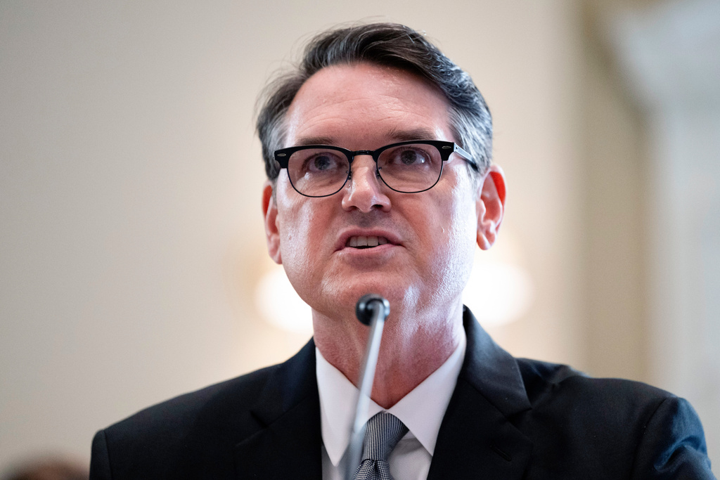 FILE - Florida Secretary of State Cord Byrd testifies about noncitizen voting in a hearing to the Committee on House Administration on Capitol Hill, May 16, 2024 in Washington. (AP Photo/John McDonnell, File)