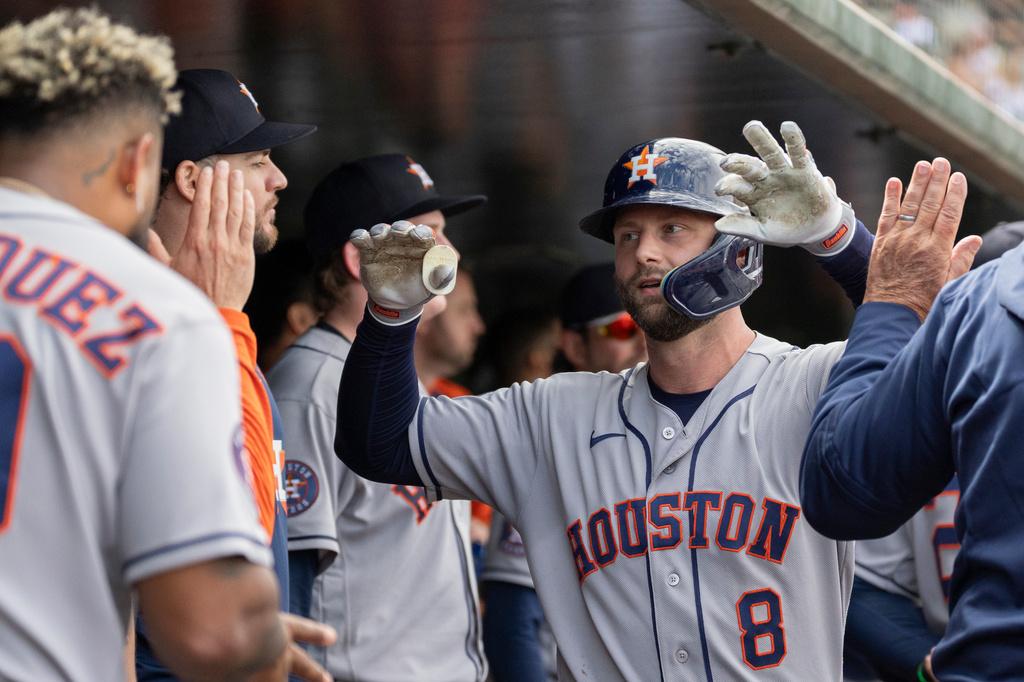 Houston Astros' Christian Walker celebrates after hitting a home run during the sixth inning of a baseball game against the Athletics Sunday, Sept. 27, 2026, in West Sacramento, Calif. (AP Photo/Sara Nevis)
