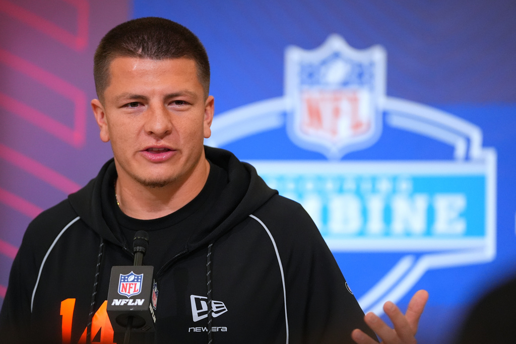 Vanderbilt quarterback Diego Pavia (14) speaks during a news conference at the NFL football scouting combine in Indianapolis, Friday, Feb. 27, 2026. (AP Photo/Julio Cortez)