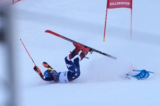 FILE - Mikaela Shiffrin, of the United States, crashes during the second run of a women's World Cup giant slalom skiing race, Saturday, Nov. 30, 2024, in Killington, Vt. (AP Photo/Robert F. Bukaty, File) FILE - Mikaela Shiffrin, of the United States, crashes during the second run of a women's World Cup giant slalom skiing race, Saturday, Nov. 30, 2024, in Killington, Vt. (AP Photo/Robert F. Bukaty, File)