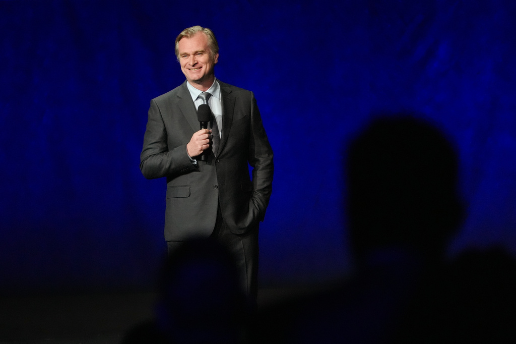 Christopher Nolan, director of the upcoming film "The Odyssey," speaks during the Universal Pictures and Focus Features presentation at CinemaCon on Wednesday, April 15, 2026, at Caesars Palace in Las Vegas. (AP Photo/Chris Pizzello)