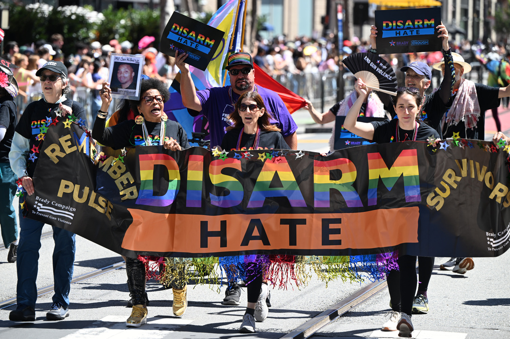 Revelers attend the annual Pride Parade in San Francisco, Sunday, June 28, 2026. (AP Photo/Nic Coury)